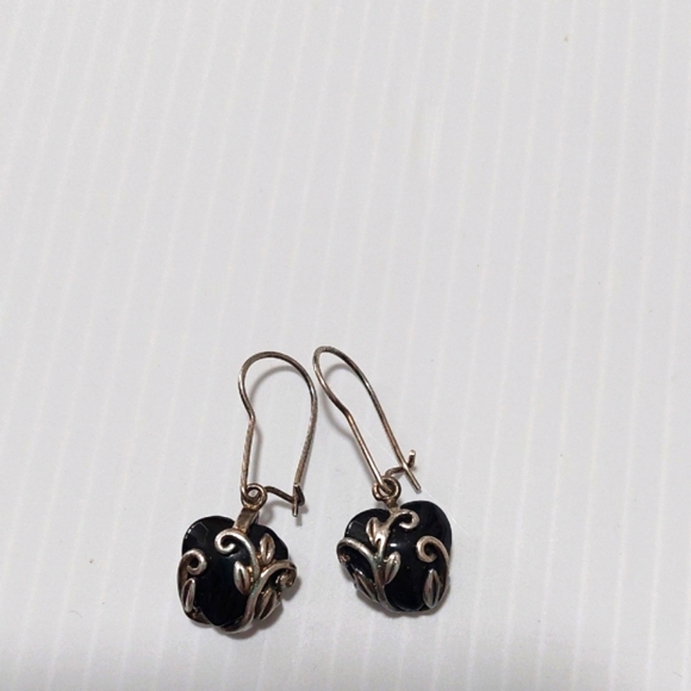 Vintage Black Heart and 925 Silver Earrings .Intricate Design.Vintage - Picture 4 of 8